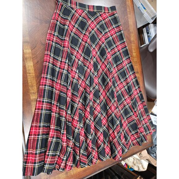 Vintage Tartan Red Black Plaid Long Maxi Pleated Wool Skirt Size 10 Yellow - Picture 5 of 6